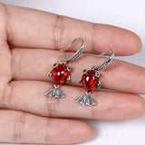 925 Sterling Silver Red Garnet Gemstone Crystal Cute 3D Adorable Goldfish Hook Dangle Earrings