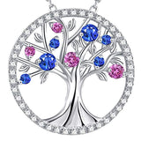  Silver Round brilliant blue sapphire and pink tourmalineTree of Life Jewelry Necklace