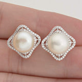 925 Sterling Silver CZ 10MM AAA Freshwater Cultured Pearl Luxury Square Stud Earrings Clear