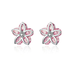 Cherry Blossom Crystal Stud Earrings 925 Stelring Silver Pink Flower E