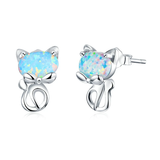 Silver Blue Opal Cute Cat Stud Earrings