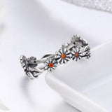 S925 sterling silver daisy flower ring oxidized zircon ring