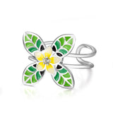 Yellow Flower with Green Leaves Rings Adjustable Opening Silver Rings