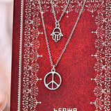 Sterling Silver Hamsa Hand Peace Sign Pendant Necklace Multilayer Chain Layered Jewelry