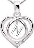 Sterling Silver Initial Letter Alphabet Love Heart Cubic Zirconia Pendant Necklace