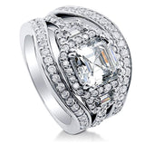 Rhodium Plated Sterling Silver Asscher Cut Cubic Zirconia CZ Art Deco Halo Engagement Wedding Ring Set