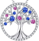 Sterling Silver Round brilliant blue sapphire and pink tourmalineTree of Life Jewelry Necklace For Women