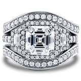 Rhodium Plated Sterling Silver Asscher Cut Cubic Zirconia CZ Art Deco Halo Engagement Wedding Ring Set