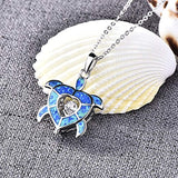 925 Sterling Silver Cubic Zirconia Blue Fire Opal Sea Turtle Pendant Necklace