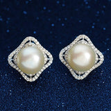 925 Sterling Silver CZ 10MM AAA Freshwater Cultured Pearl Luxury Square Stud Earrings Clear