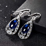 925 Sterling Silver Crystal Blue Oval Corundum Retro Floral Wave Drop Hook Earrings