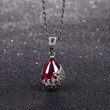 925 Sterling Silver Crystal Corundum Crystal Retro Floral Inlay Teardrop Pendant Necklace