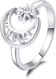 Sterling Silver Moon Sun Ring for Women Girls Crescent Moon&Star Adjustable Wrap Open Ring