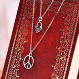 Sterling Silver Hamsa Hand Peace Sign Pendant Necklace Multilayer Chain Layered Jewelry