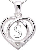 Sterling Silver Initial Letter Alphabet Love Heart Cubic Zirconia Pendant Necklace