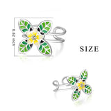 Yellow Flower with Green Leaves Rings Adjustable Opening Silver Rings