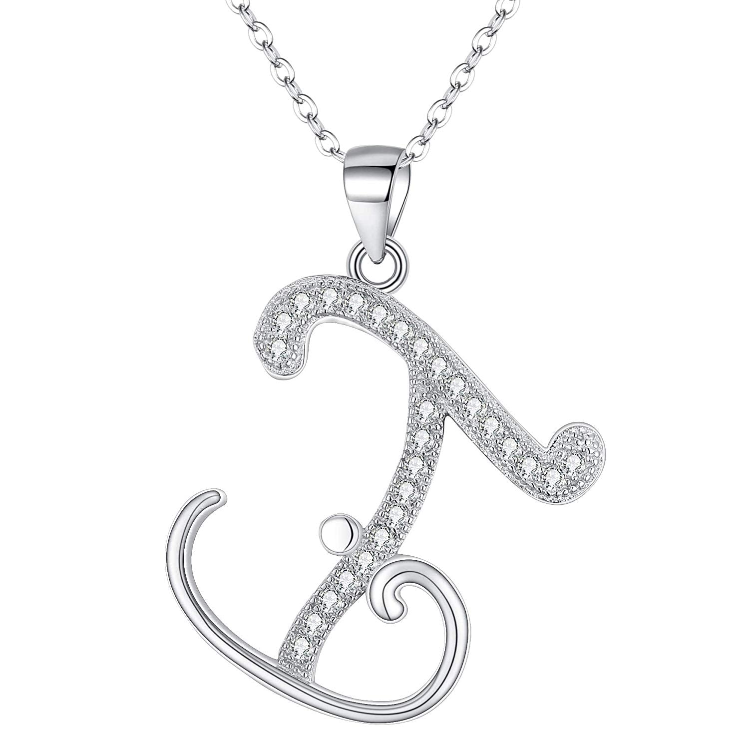 925 Sterling Silver CZ Cursive Initial 26 Letters Alphabet Adjustable  Pendant Necklace Clear - F