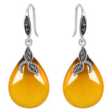 925 Sterling Silver Natural Chalcedony Crystal Retro Black Leaf Teardrop Hook Earrings