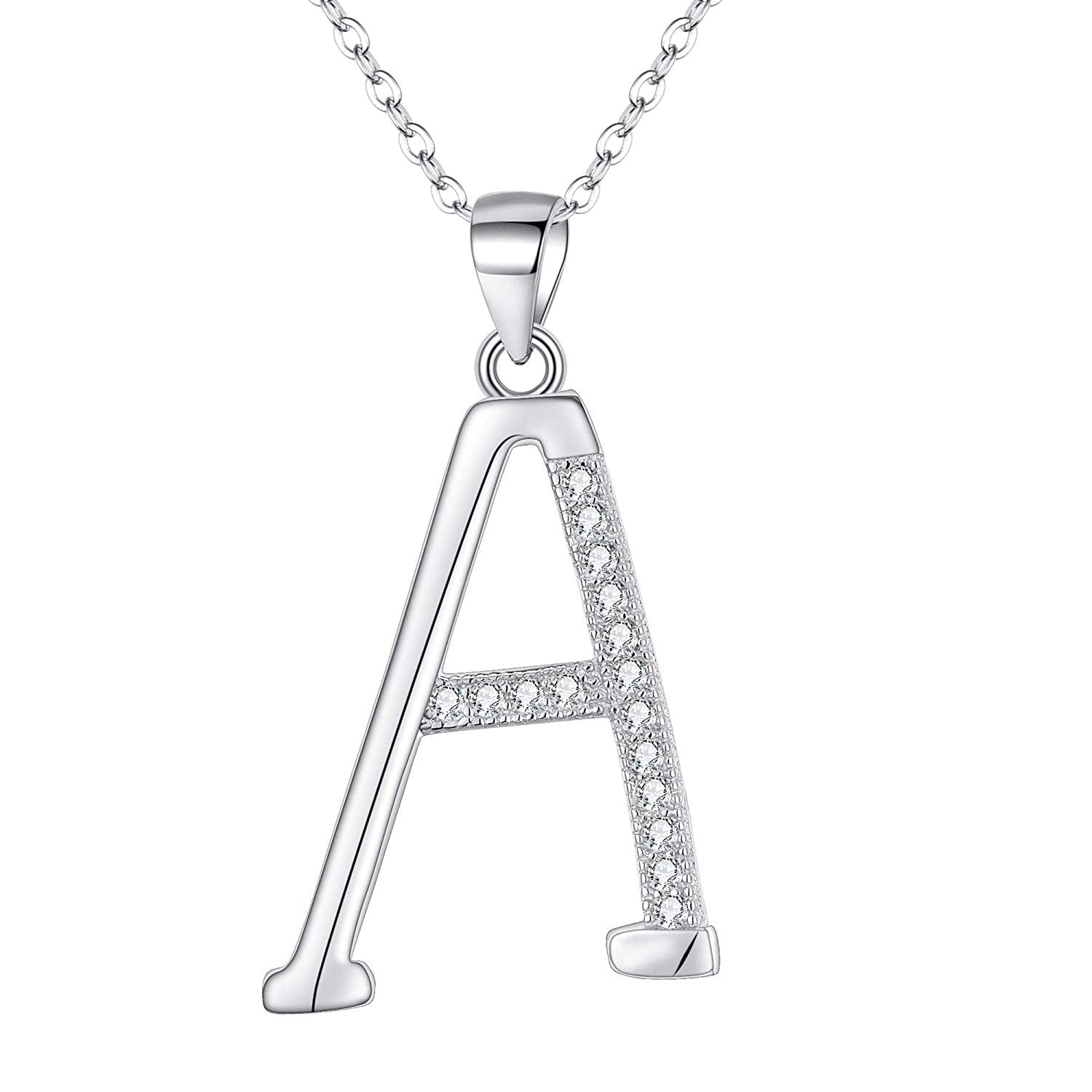 925 Sterling Silver CZ Cursive Initial 26 Letters Alphabet Adjustable  Pendant Necklace Clear - A