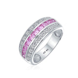 Cubic Zirconia Channel Set Pink Princess Cut CZ Dome 3 Row Wide Statement Wedding Band Ring For Women Sterling Silver