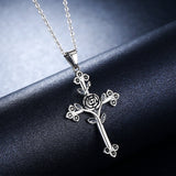 S925 Sterling Silver Rose Cross Necklace Oxidized Zircon Pendant Necklace