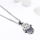 S925 Sterling Silver Hamsa Guardian Pendant Necklace Oxidized Zircon Necklace