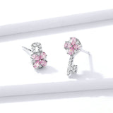 925 Sterling Silver Soft Pink CZ Flower Key and Lock Asymmetry Stud Earrings for Women Wedding Fashion Jewelry