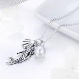 S925 sterling silver mermaid legend pendant necklace oxidized shell pearl necklace