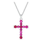 White Gold Plated 925 Sterling Silver Blue Red Corundum Green Spinel Cross Pendant Necklace For Women Girls, 16