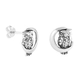 Silver  Owl on the Moon  Stud Earrings