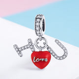 S925 Sterling Silver Oxidized Zirconia Epoxy I LOVE YOU Dangle Charms