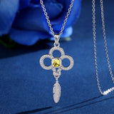 925 Sterling Silver Yellow CZ Pendant Necklaces Romantic forever luck feather & Fleur-de-lis  Necklace Fine Jewelry