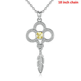 925 Sterling Silver Yellow CZ Pendant Necklaces Romantic forever luck feather & Fleur-de-lis  Necklace Fine Jewelry