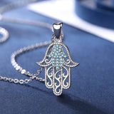 925 Sterling Silver Hamas Hand Of Fatima Pendant Necklace Blue CZ Charm Silver 925 Original Jewelry