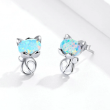 925 Sterling Silver Blue Opal Cute Cat Stud Earrings for Women Animal Fashion Jewelry Gifts for Girl SCE828