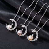 Moon shape Crystal Zircon freshwater Pearl Pendant S925 Sterling Silver Necklace