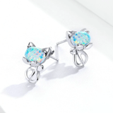 925 Sterling Silver Blue Opal Cute Cat Stud Earrings for Women Animal Fashion Jewelry Gifts for Girl SCE828