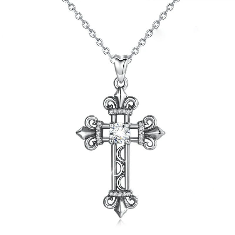 925 Sterling Silver Vintage Cross Pendant Necklace Crystal Clear CZ Cr