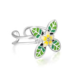 Yellow Flower with Green Leaves Rings Adjustable Opening Silver Rings