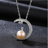 Moon shape Crystal Zircon freshwater Pearl Pendant S925 Sterling Silver Necklace