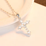 Elegant cross  round cubic zirconia pendant sterling silver necklace